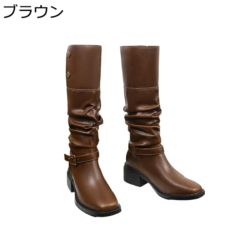 レディース ミドルブーツ スクエアトゥ ジョッキーブーツ 防寒 耐磨耗 合成革 防水 汚れにくい ゆったり 秋 美脚 リーガル 厚底 散歩 お出かけ 通学 ブラウン ファッション デイリー