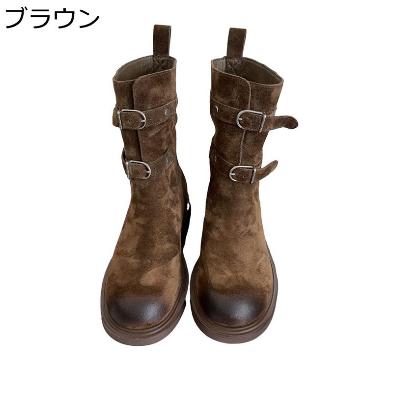 レディース ミドルブーツ 焦がし加工 羊革 ヴィンテージ ベルト飾り ラウンドトゥ ジョッキーブーツ 暖かい 耐磨耗 ゆったり 秋 美脚 リーガル お出かけ 通学 ファッション デイリー