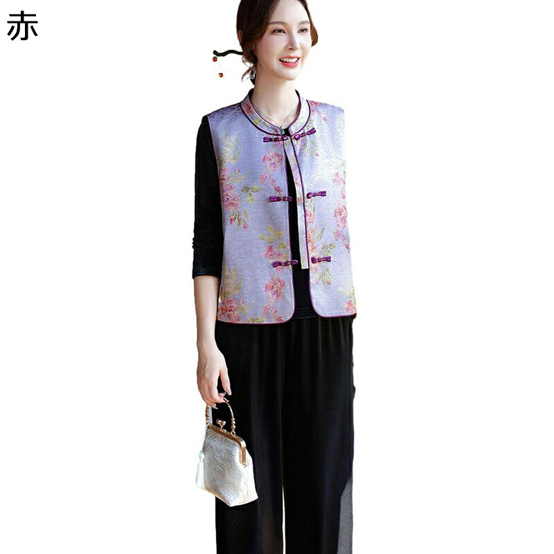 中華風 漢服ベスト レディース 婦人服 チョッキ 唐装 花柄 無袖コート 春秋冬服 ファッション キレイめ 優雅 シニア女性 中年及び高齢者 40-80代 カジュアル 部屋着 お年寄り エレガント