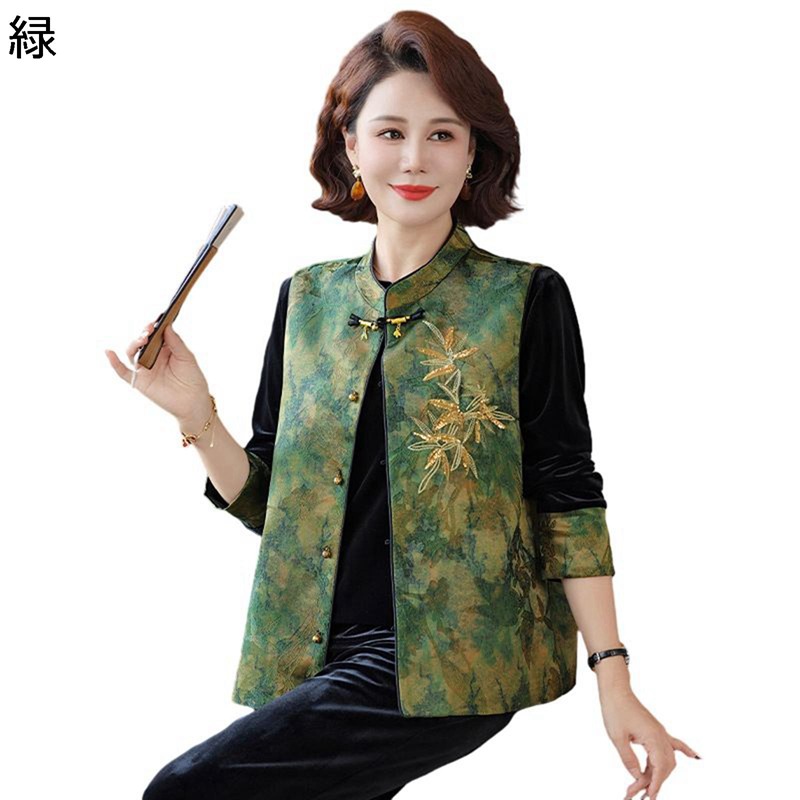 中華風ベスト 唐装 高齢者 カジュアルベスト レディース 花柄 漢服 キレイめ 無袖コート 前開き チャイナボタン 伝統服 春秋冬 婦人服 シニア女性 贈り物 自宅 通勤通学 日常着 室外