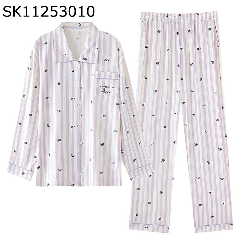 パジャマセット レディース 上下セット 綿100 コットン 長袖 ストライプ リボン柄 ロングパンツ 春秋服 ルームウェア 寝巻き 部屋着 静電気防止 防菌防臭 快適 敏感肌 丸洗い ホテル 入院用 温泉着 お風呂