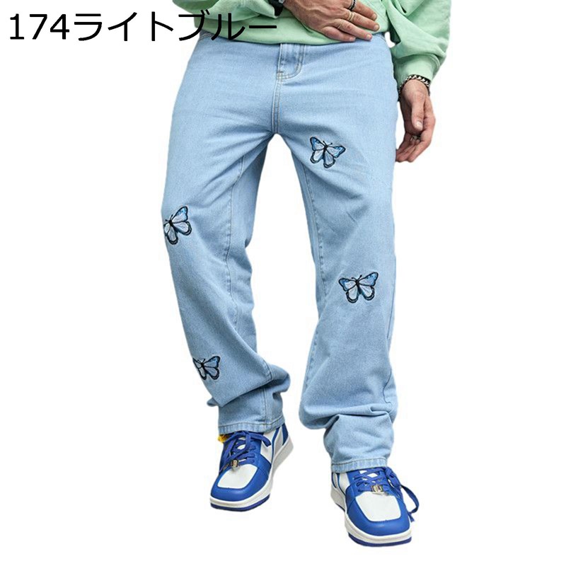 ジーンズ 蝶柄 メンズ ストレート デニムパンツ ロングパンツ ヴィンテージ カジュアル ウォッシュ加工 オシャレ ルーズ ゆったり 耐摩耗性 ジュニア 普段着 韓国風 トレンド感 街着