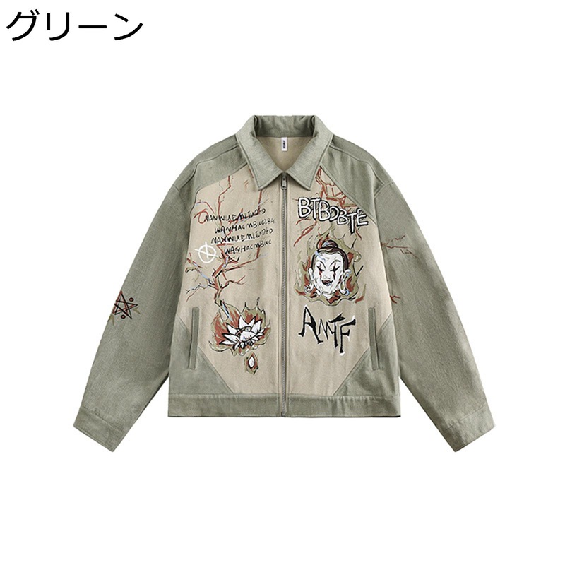 デニムジャケット 落書き 切り替え メンズ レディース 春 秋 冬 折り襟 プリント 個性的 原宿 ストリート ジージャン ブルゾン ワイド ユニセックス 日系 レトロ 防寒防風 カジュアル アウター デイリー 普段着