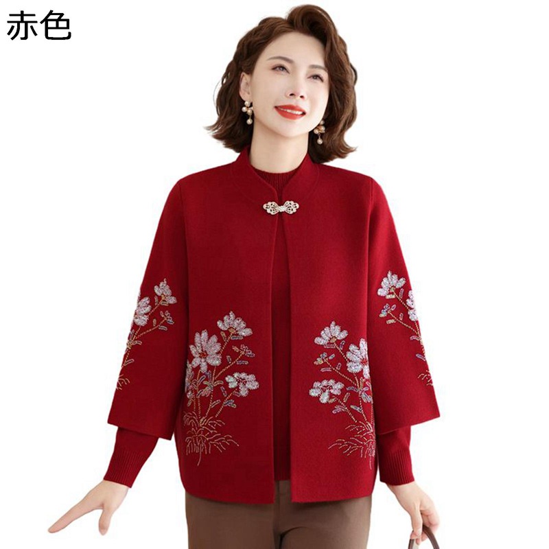 カーディガン レディース 花柄 刺繍 長袖 前開き シニア お年寄り 婦人服 春秋冬着 中年・高齢者向け 2点セット 柔らか 防寒 エレガント おばあちゃん ゆったり 母の日 ギフト トップス アウター