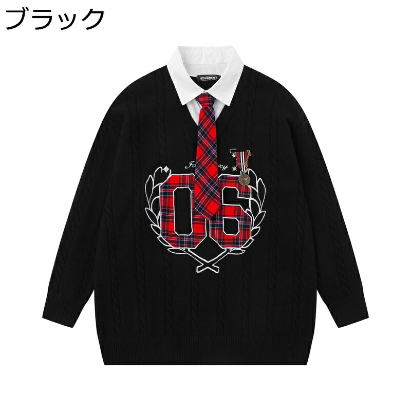 メンズ プルオーバー セーター ニット アメカジ 春秋 二枚重ね風 学園風 長袖 ベーシック ビッグシルエット 厚手 快適 通気 抗菌防臭 ファッション ヴィンテージ ストリート かっこいい 着回し