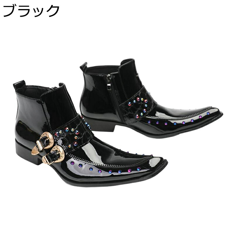 本革 チェルシーブーツ ビジュアル系 エナメル リベット バックル パンク アンクルブーツ ポインテッドトゥ サイドジッパー 紳士 メンズ 防滑 耐久性 むれない 歩きやすい 防水 ホスト パイプダンス モード