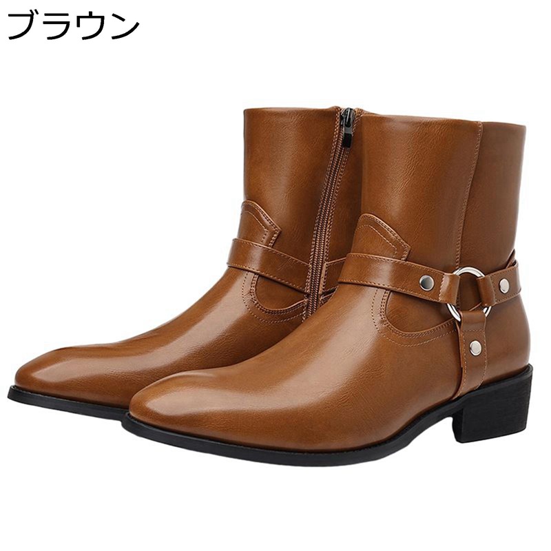 チェルシーブーツ バックル ポインテッドトゥ ハイカット ショートブーツ メンズ 男性用 ノンスリップ 耐久性 通気性 柔らかい ぶらつく 防寒対策 防水防滑 カッコイイ クラシック カッコイイ 就活