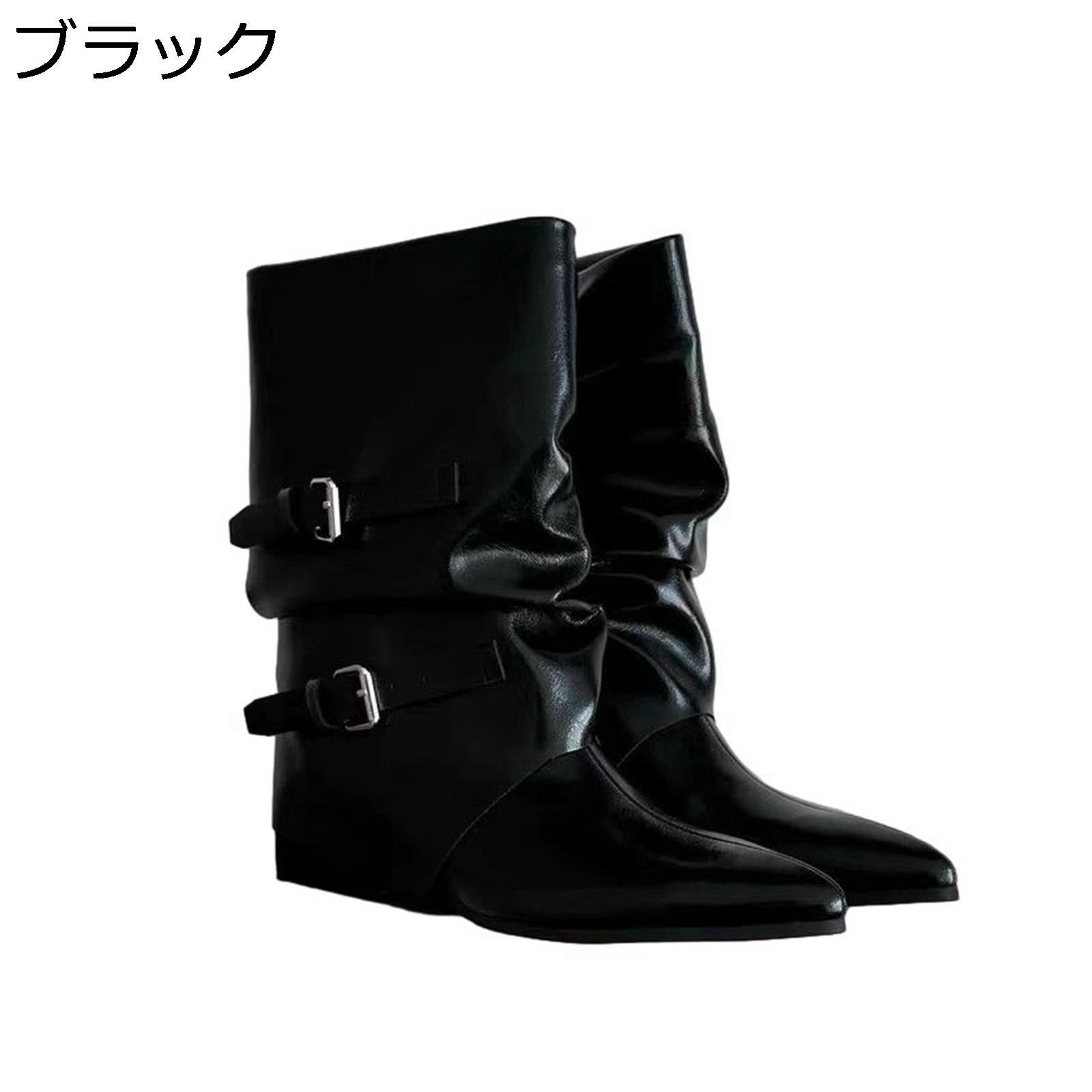 ブーツ レディース ミドルブーツ ハイカット 短靴 くしゅくしゅ ポインテッドトゥ 5cm 太めヒール ポインテッドトゥ 足細 サイドジップ 秋用 大人 防滑 可愛い ファッション パーティ ストリート