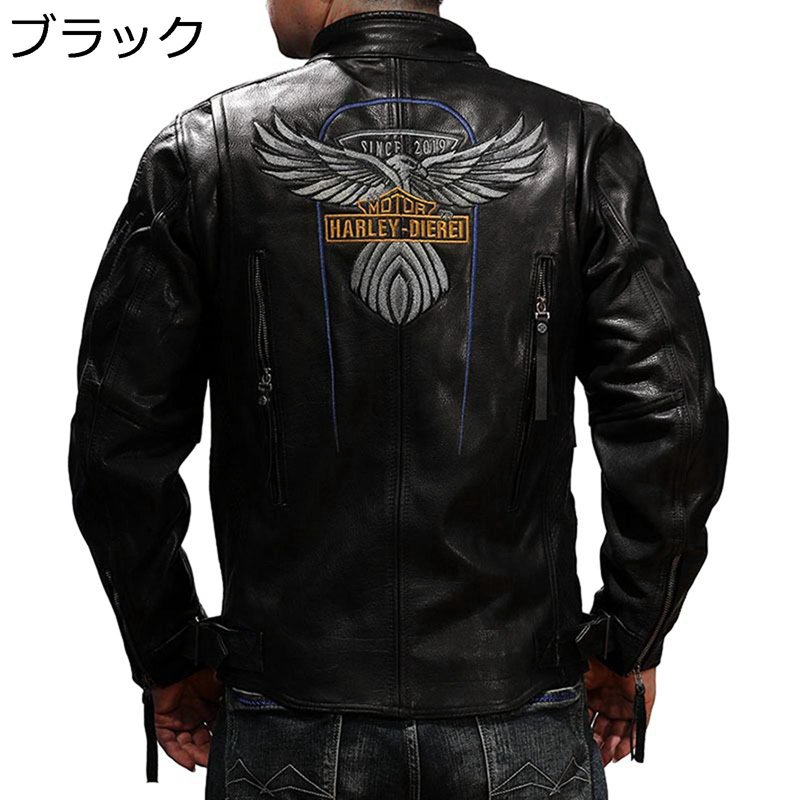 レザージャケット 本革 メンズ バイクジャケット バイカー 防風 防寒 牛革コート ブルゾン 秋服 ジップアップ 刺繍 立ち襟 オシャレ サイクリング ワーク 日常