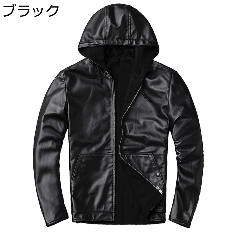 本革ジャケット メンズ レザー ライダースジャケット 中綿 厚手 防寒コート 羊革 フード付き 防風 革ジャン ブルゾン 秋服 ジップアップ 男性 アウター カジュアル バイク