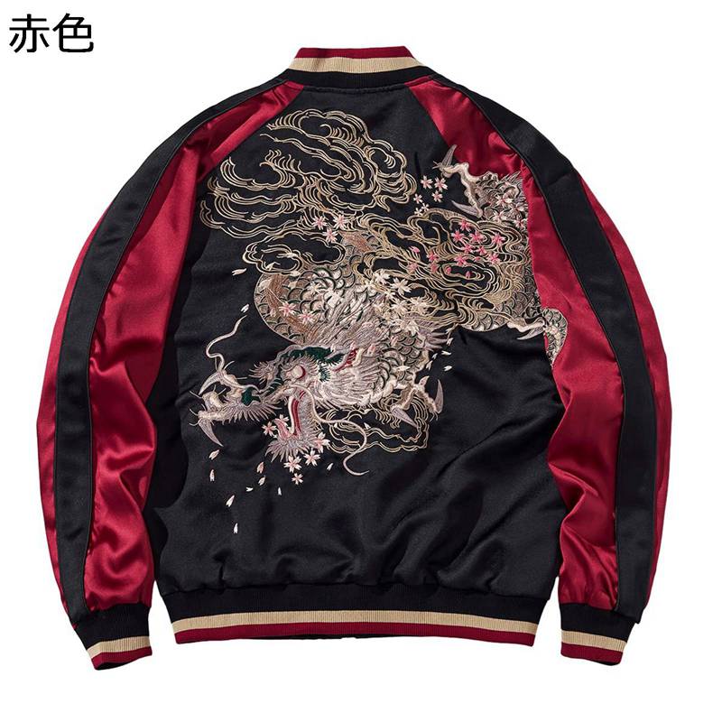 スカジャン MA-1ジャケット メンズ ジャンパー 刺繍 龍 ドラゴン柄 サテン 防風 防寒 ジップアップ ボンバージャケット 長袖 シンプル 大きいサイズ トップス おしゃれ カジュアル 通勤 通学 秋冬