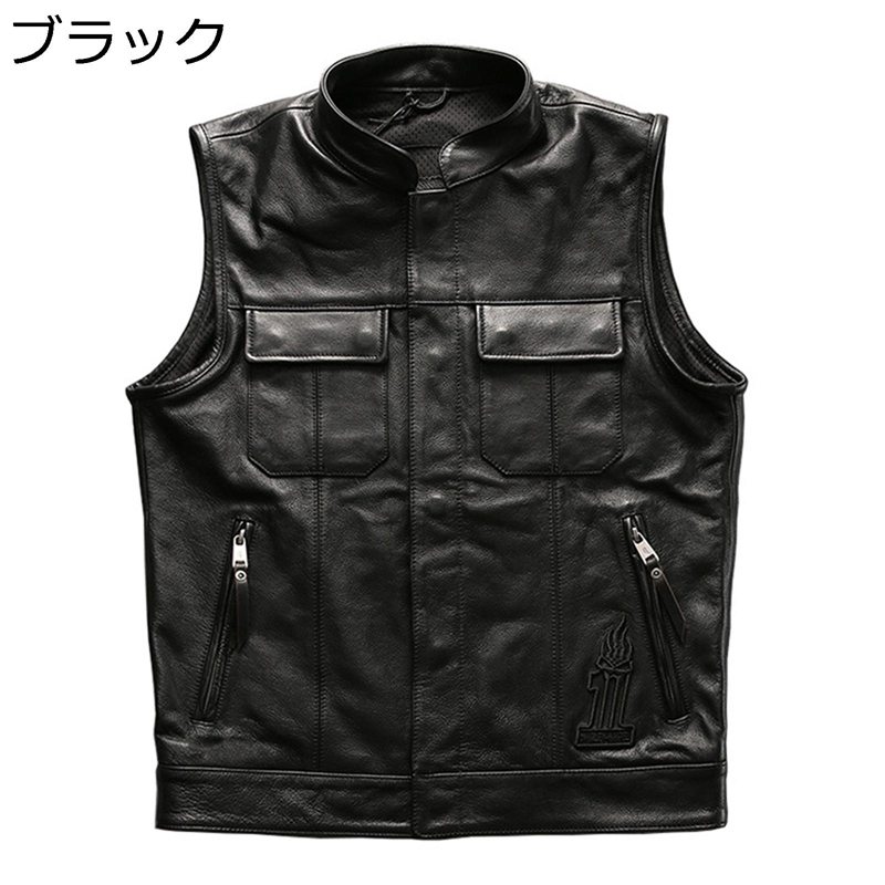 牛革 レザーベスト メンズ ノースリーブ ライダースベスト 髑髏柄 バイクチョッキ 四季通用 革ジャン 着痩せ 前開 ジップ バイクジャケット お洒落 防風 カジュアル バイカー ファッション 上着