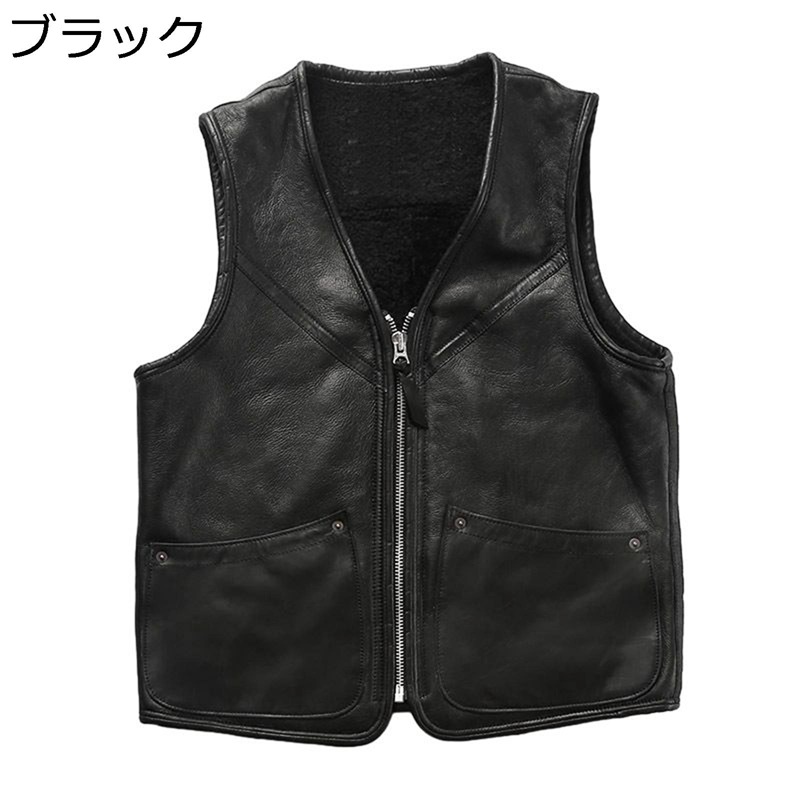 レザーベスト ラム革 ライダースベスト チョッキ ジレ メンズ 毛皮一体 vネック 袖なし 防寒 スリム ジップ 革ジャン ワークジャケット 前開 防風 細身 おしゃれ ストリート系 撮影 かっこいい 秋冬