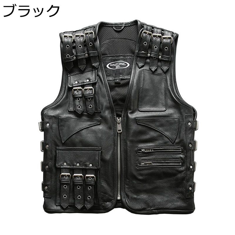 レザーベスト 本皮 ライダースベスト バイクチョッキ ワークベスト メンズ 革ジャン 紳士着 袖無しジャケット ベルト マルチポケット 軽量 通気 作業着 おしゃれ バイカー ストリート系 春秋用