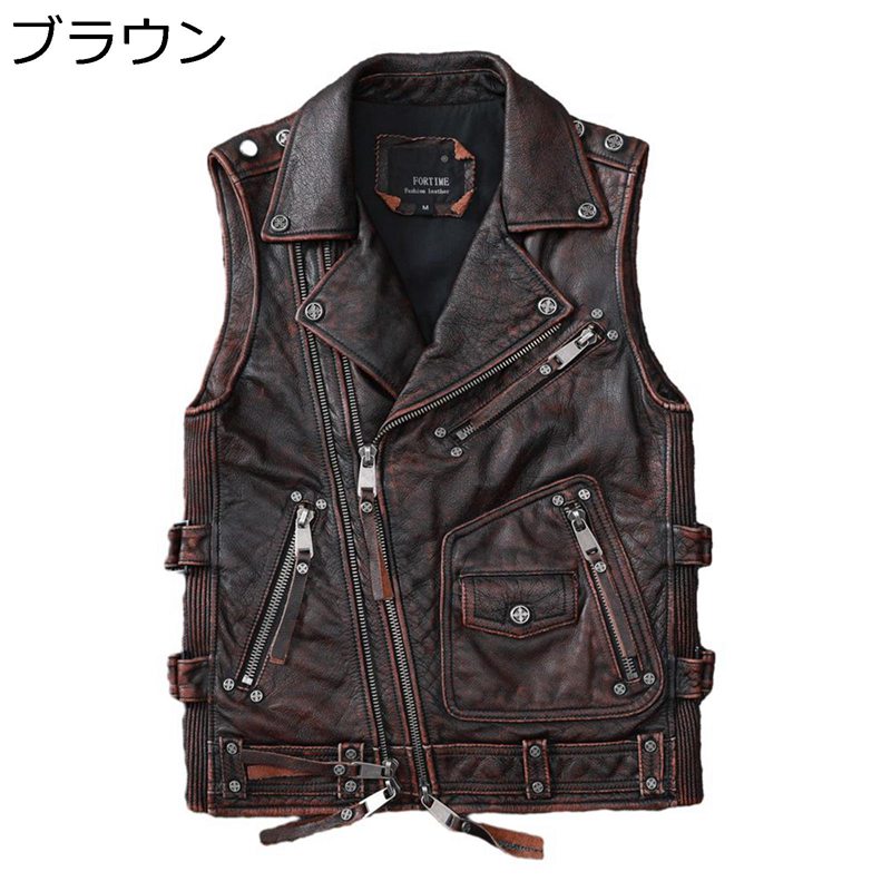 牛革 レザーベスト メンズ 袖なし ライダースベスト バイクチョッキ 四季通用 革ジャン スリム 前開き ジップ コート バイクジャケット お洒落 軽量 防風 バイク用 カメラマン ファッション アウター|ショップ郷上