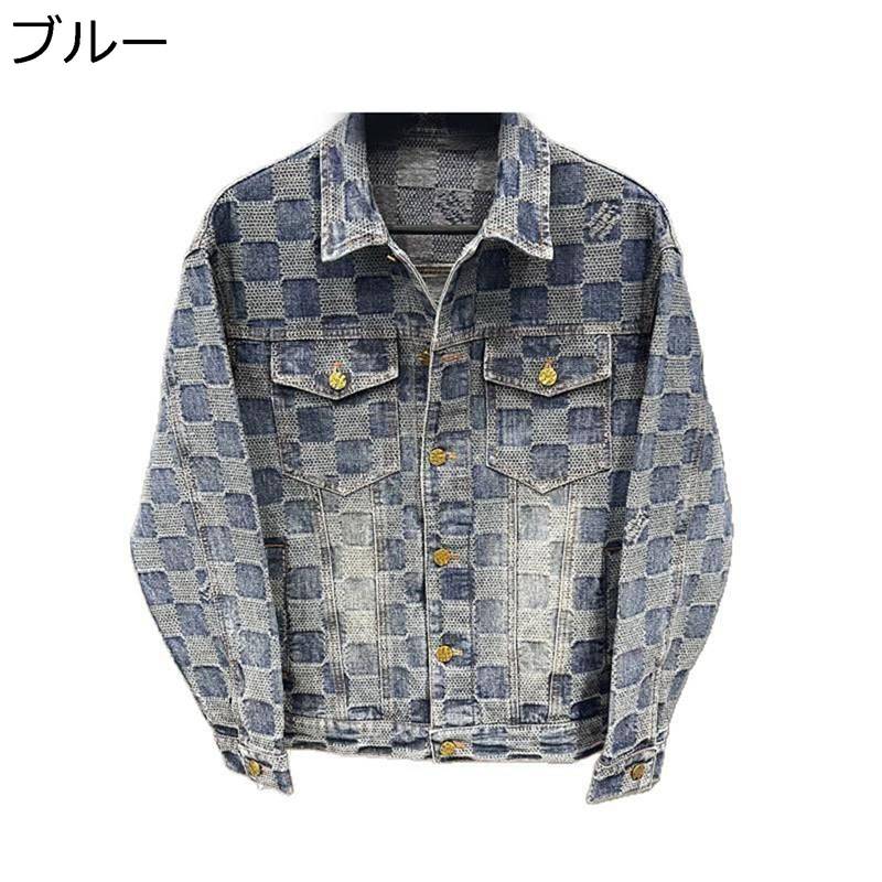 メンズ デニムジャケット Gジャン ブルゾン トップス ダメージ チェック柄 パッチワーク 長袖 アウター 流行 トレンド おしゃれ 秋 冬 やわらか 男女兼用 通勤通学 作業着 散歩