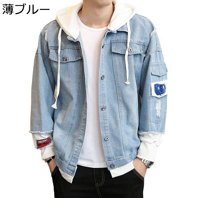 メンズジャケット デニムジャケット フード 重ね着風 フェイクレイヤード 長袖 作業着 トップス ブルゾン 防寒コート ゆったり トレンド ファッション 韓国風 紳士 通気吸汗 体型カバー お洒落 快適 多機能
