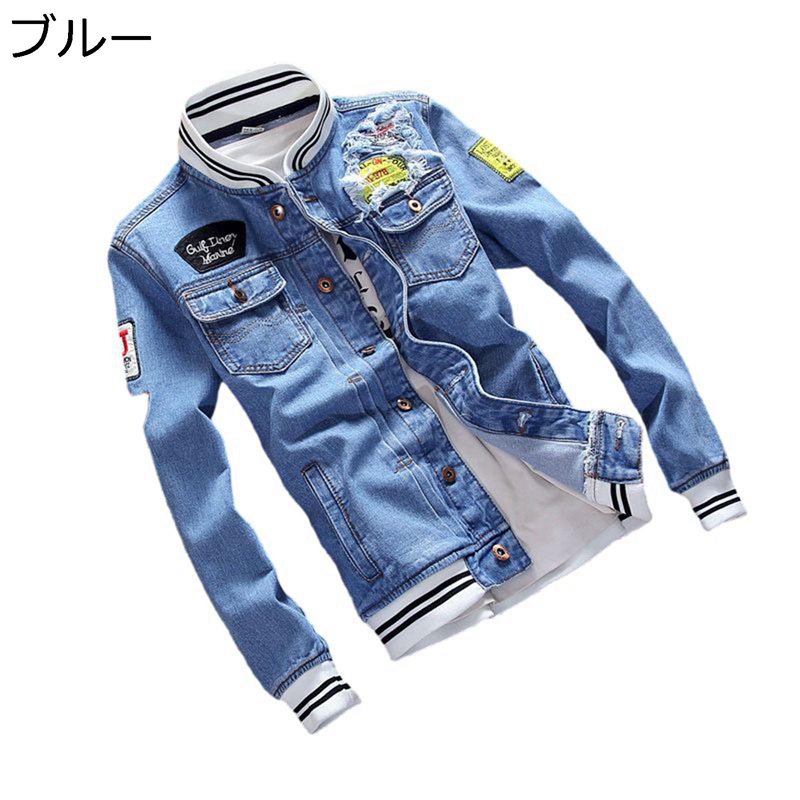 デニムジャケット メンズ ジージャン ブルゾン 春服 秋着 ダメージ 刺繍パッチワーク 大きいサイズ ショートコート 両サイドポケット 体型カバー ファッション カジュアル カッコイイ お洒落 快適
