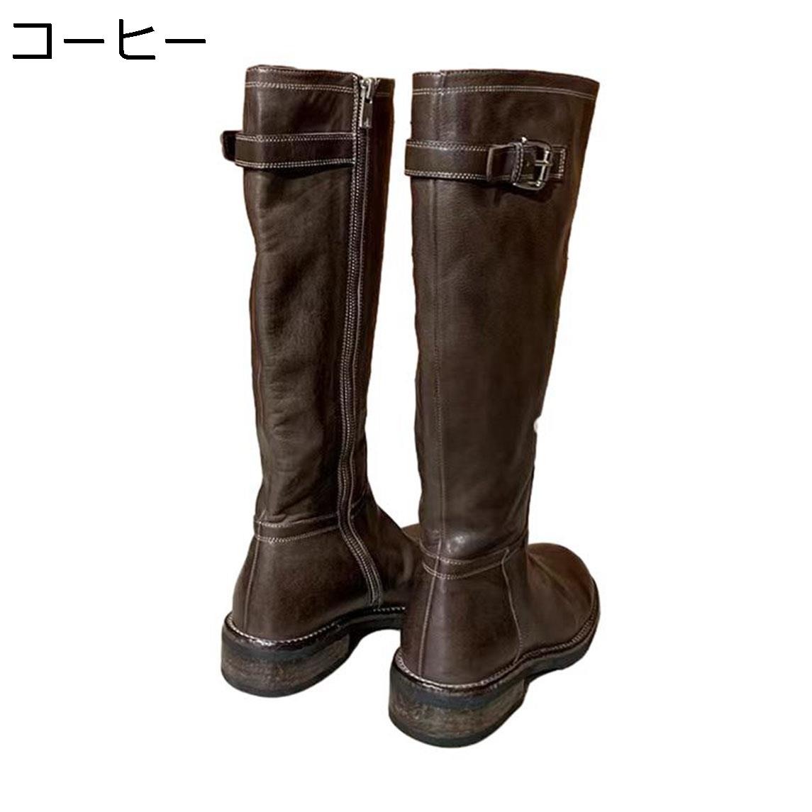 ジョッキーブーツ 本革 ロング レディースブーツ レザー ヒール4.5cm 秋用 冬靴 幅広 甲高 バックル 長ブーツ ミドルヒール 大きい筒周り 滑り止め 軽い やわらか スリム 革靴 仕事 日常 騎士ブーツ ウォーキング