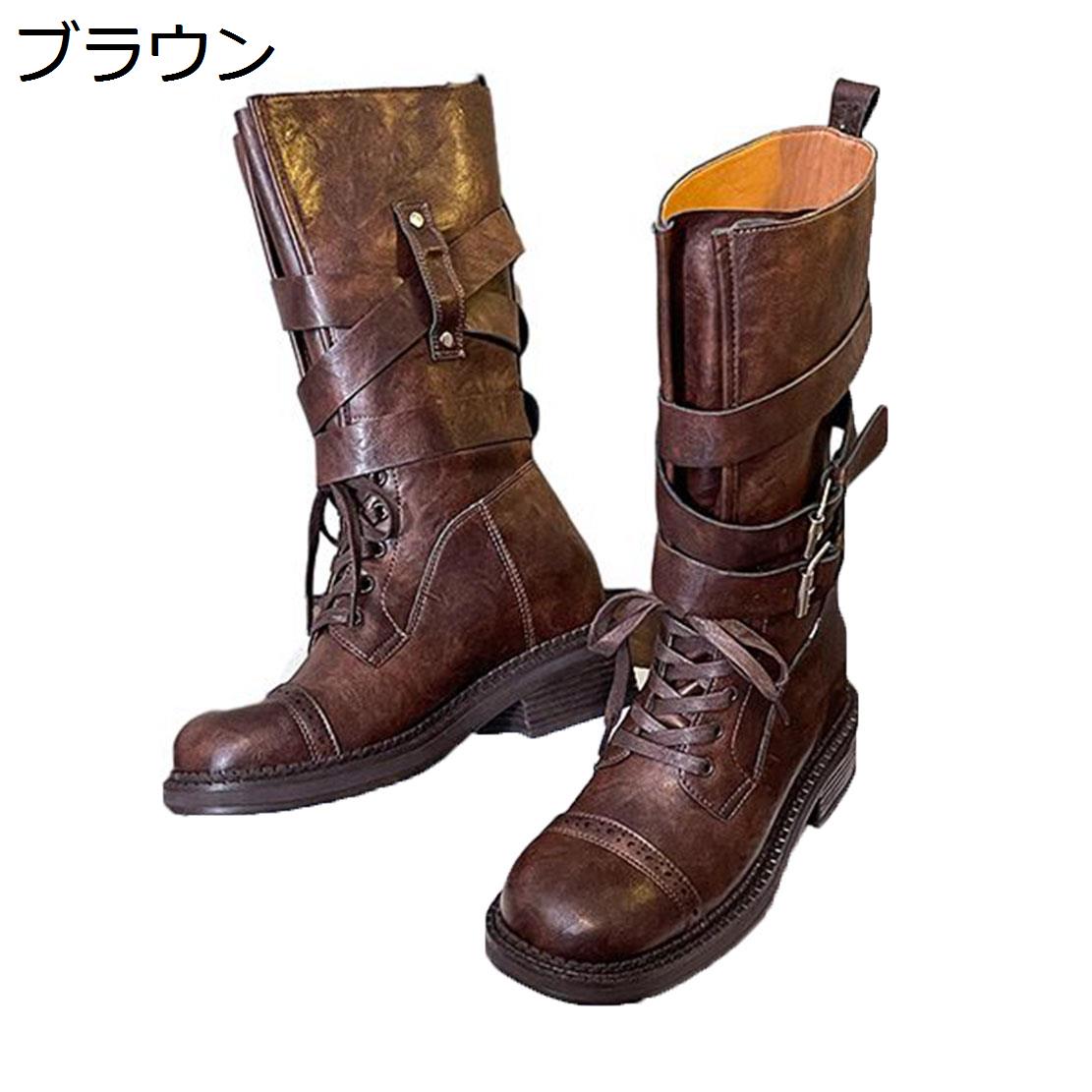 ロングブーツ レディース靴 本革 ベルト 春秋冬 牛革 身長アップ8cm レースアップ ジョッキーブーツ エンジニアブーツ 歩きやすい ノンスリップ 美脚 防寒 ファッション コスプレ カジュアル Boots women