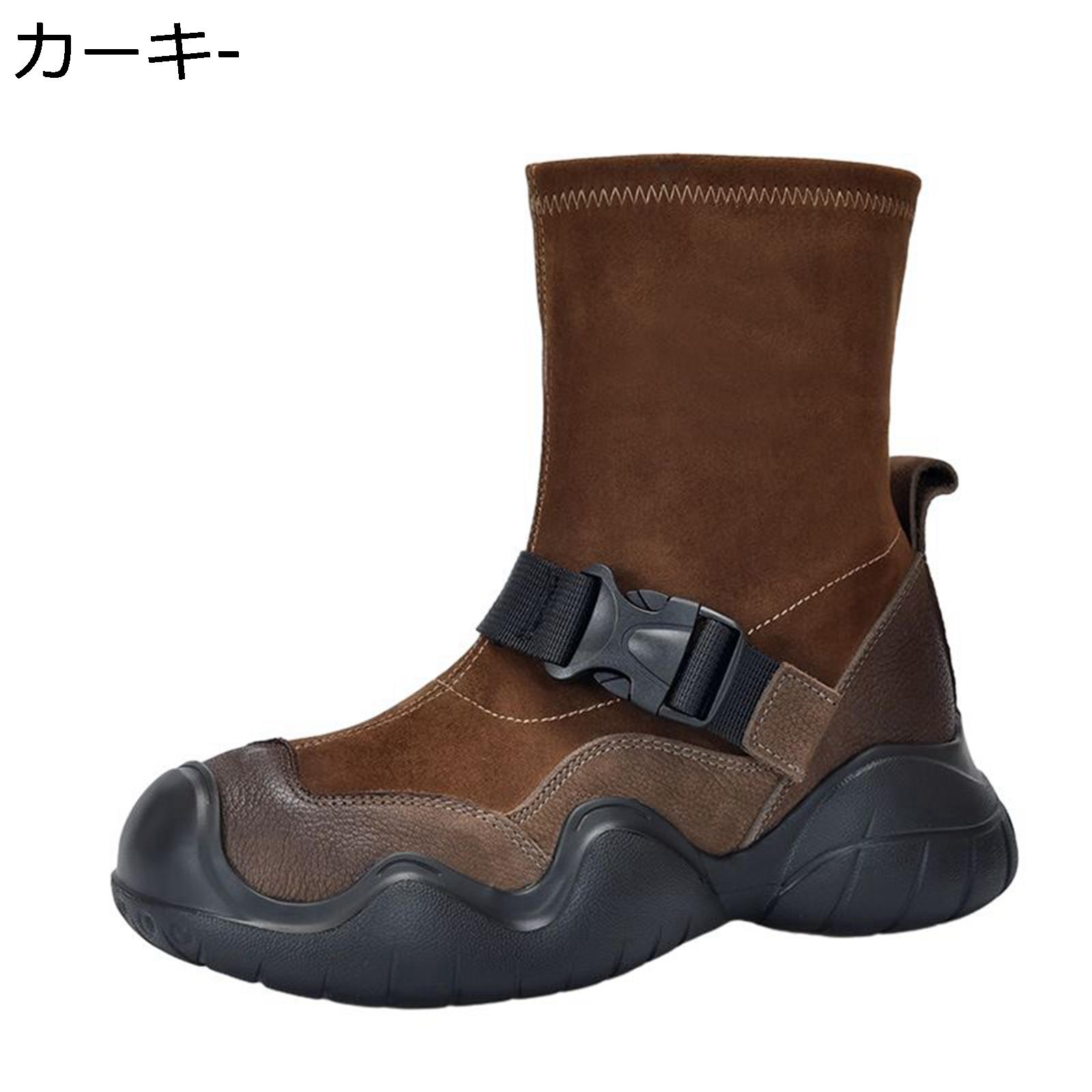ブーティ レディース レザー ショートブーツ 本革 パッチワーク スエード 秋着 冬靴 スリッポン ベルト ストレッチ 厚底 ルーズ ウエスタンブーツ 軽量 コンフォート 走れる 日常 普段用 短い筒 アウトドア