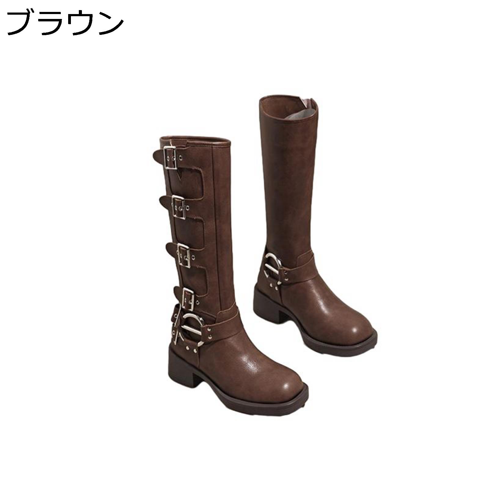 ロングブーツ エンジニアブーツ 5cm バックル レディース 太ヒール ジョッキーブーツ 秋冬 PUレザー 厚底 美脚 防滑 走れる ゆったり 大きい筒周り 大人っぽい ファッション おしゃれ 防水性 騎士ブーツ