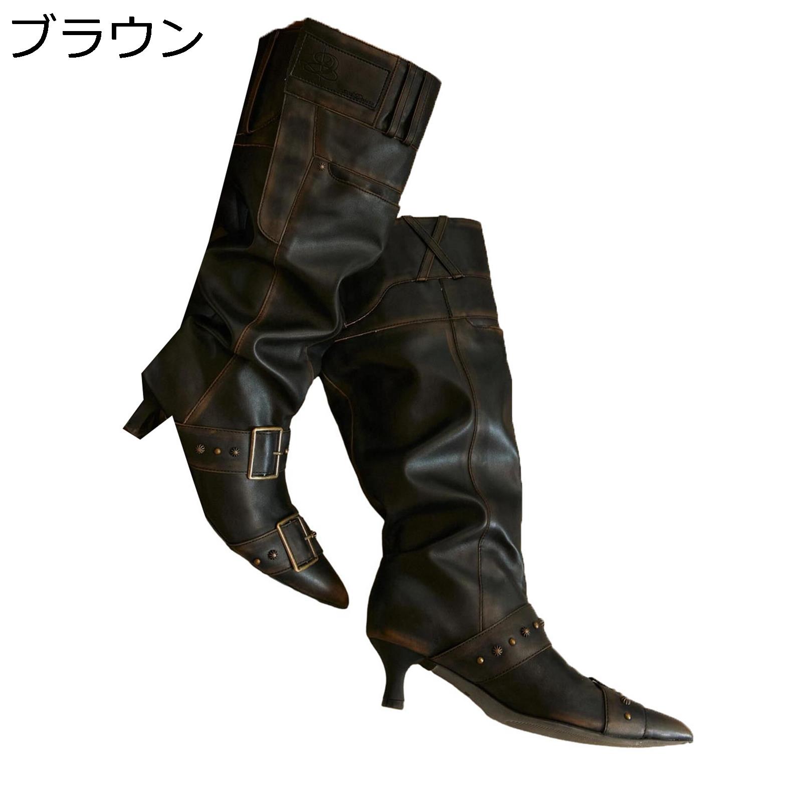 騎士ブーツ レディース 本革 ミドルブーツ バックル 秋冬 リベット レザー くしゅくしゅ エンジニアブーツ ヴィンテージ ドレープ カジュアル 太ヒール 幅広 ゆったり ポインテッドトゥ ビンテージ調 焦がし加工