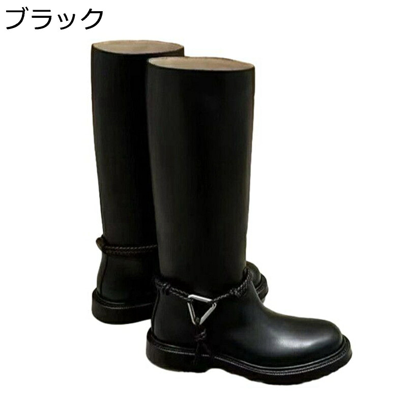 ロングブーツ レディース ジョッキーブーツ 膝丈 厚底 紐ストラップ ゆったり筒 細見え 安定感 秋冬 大人 幅広 可愛い ファッション 滑り止め 小さいサイズ イベント カジュアル ストリート