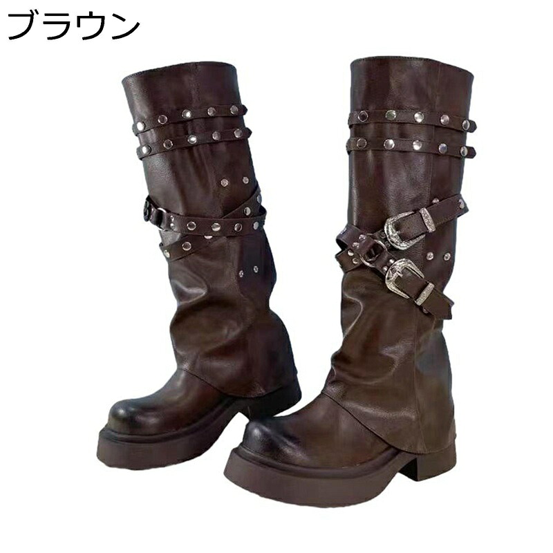 高筒 ロングブーツ レディース ジョッキーブーツ 袴用 クロスストラップ スタッズ 秋冬春 足細 軽量 ゆったり筒 焦がし 防水 防滑 脱げない かわいい かっこいい 乗馬 バイク用 フェス 長靴