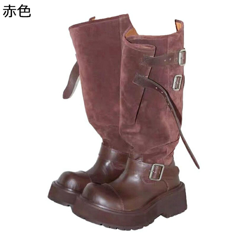 ジョッキーブーツ ひざ丈 ロングブーツ レディース 厚底 6cmアップ 切り替え くしゅくしゅ 秋冬春 パンク風 防滑 脱げない 軽量 かわいい ガーリー 足細 軽量 袴用 入学式 卒業式 通勤通学 長靴