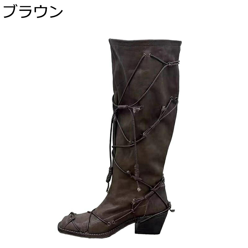 ジョッキーブーツ 膝丈 ロングブーツ レディース 秋冬春 レース編み 足細 ゆったり ジプシー風 6cm 太めヒール 防滑 履きやすい 柔らかい カジュアル 韓国 袴用 乗馬 バイク用 フェス 長靴