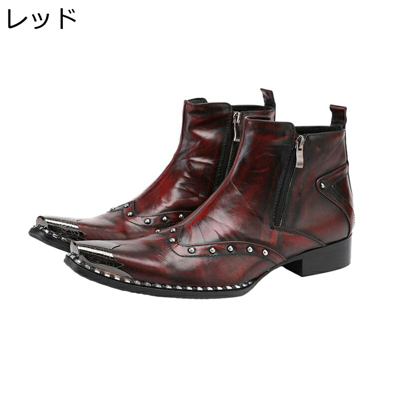 本革 ビジュアル系 パンクブーツ リベット 金属 ポインテッドトゥ ショットブーツ メンズ ハイヒール モード系 耐磨耗 通気性 焦がし加工 おしゃれ サイドジッパー パイプダンス かっこいい