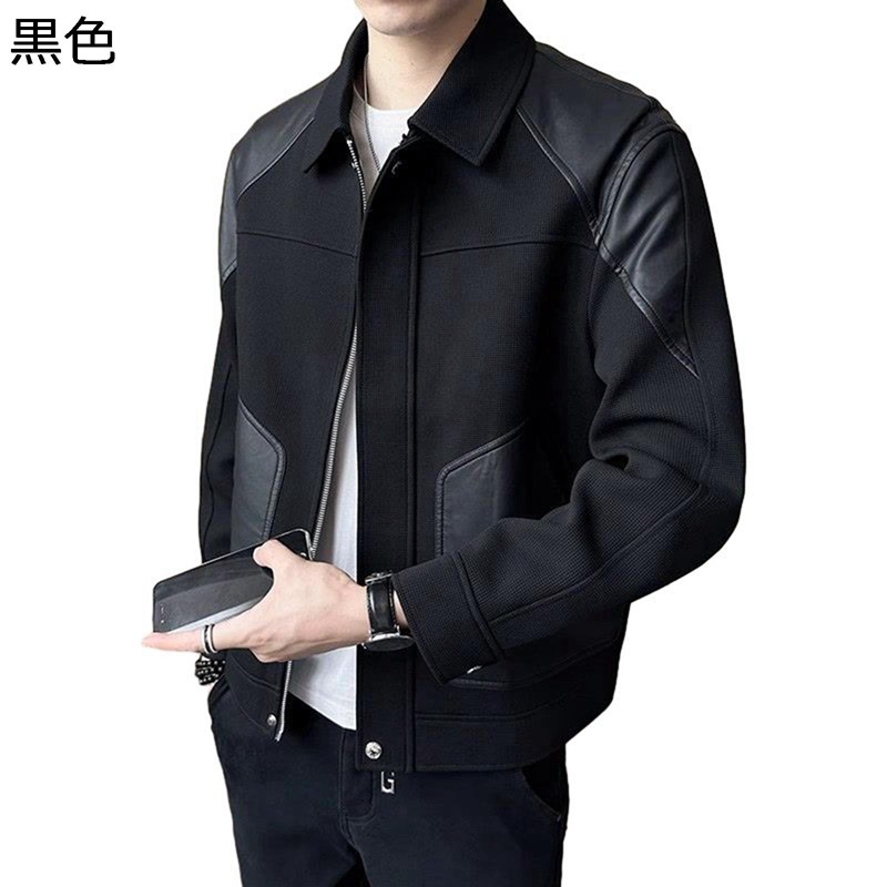 メンズ エコ革ジャン ニット パッチワーク ブラック 黒 S-3XL レザージャケット PUレザー ショートコート 着痩せ ファスナー 秋冬着 バイクジャケット 防水 防風防雨 保温 防寒 かっこいい お洒落 多機能