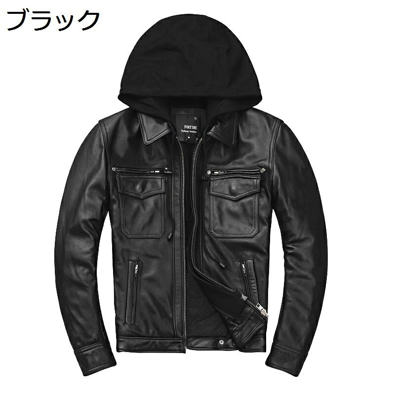 レザージャケット メンズ 牛革 ライダースジャケット 防風防寒着 取り外せるフード 本革アウター ブルゾン 厚手 秋冬 ファスナー かっこいい 上着 外出 レトロ オートバイ用