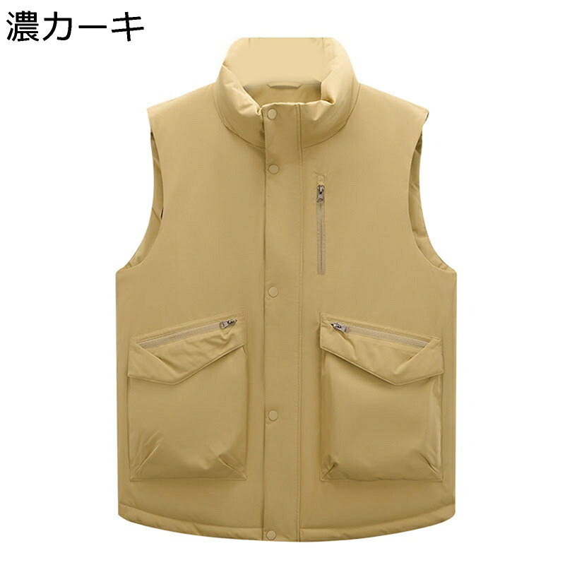 メンズ アウターベスト 5XL ノースリーブ ダウンベスト 90ダウン 多ポケット 立ち襟 防寒 防撥水 秋 冬 大きいサイズ 暖かい 耐久性 コンフォート 窮屈感のない 無地 スポーツ 通勤通学 普段着