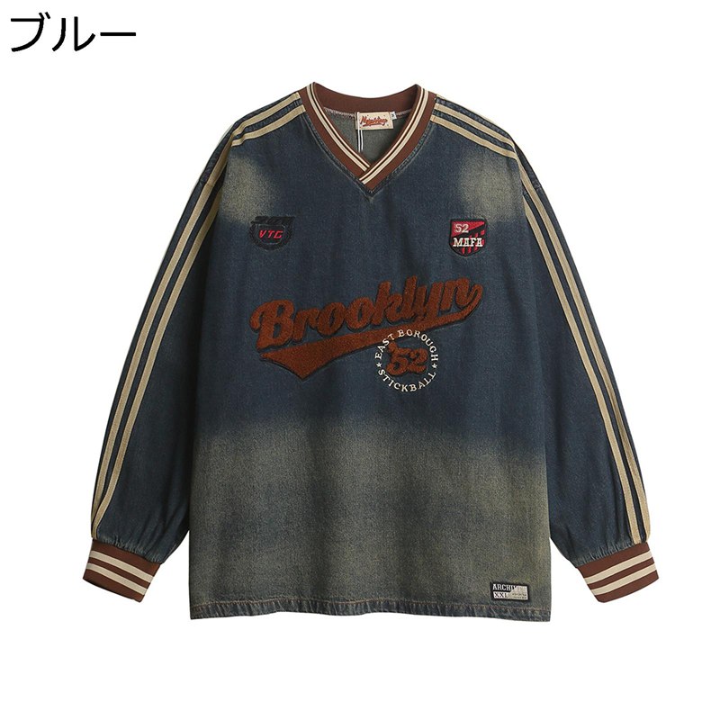 プルオーバー 長袖 メンズ デニム素材 丸首 Tシャツ アメカジ ヒップホップ 原宿系 パーカー トレーナー ウォッシュ加工 ヴィンテージ 春秋用 耐久 柔らかい肌触り 快適 薄手 お洒落 通勤