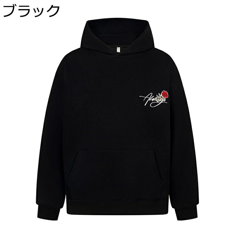 パーカー プルオーバー ローズ柄 刺繍 長袖 トレーナー スウェット 秋 冬 メンズ レディース ビックシルエット レトロ 無地 シンプル とれーなー ソフト カジュアル スエット トップス バカンス