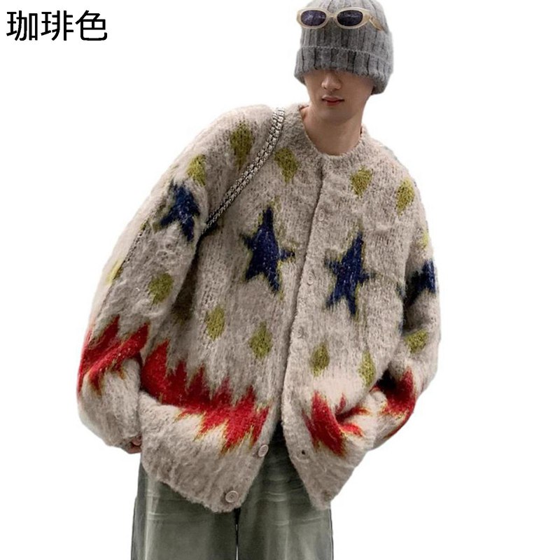 カーディガン 星柄 菱セーター 丸首 メンズ プルオーバー ミンク調 秋冬服 クリスマス雰囲気 大きいサイズ 長袖 防寒 暖かい ボタンダウン 柔らかい ファッション 男性用 旅行 レジャー アウター