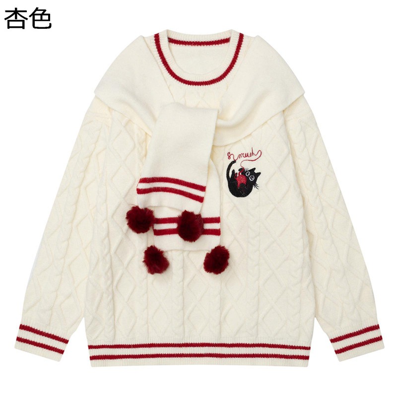 セーター 丸襟 メンズ お揃い 猫柄 スカーフ付き ニットセーター 春秋服 クリスマス雰囲気 ケーブル編み 長袖 防寒 暖かい お肌に優しい 綿 快適 かっこいい 男性用 ストリート トップス