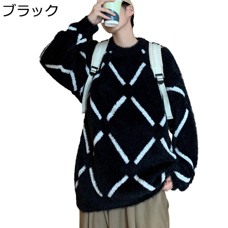 セーター 丸首 メンズ モヘア プルオーバー 春秋服 クリスマス雰囲気 幾何柄 オーバーサイズ 長袖 防風 保温 シンプル 軽量 柔らかい 快適 ファッション 男性用 青年 通勤 旅行 レジャー トップス