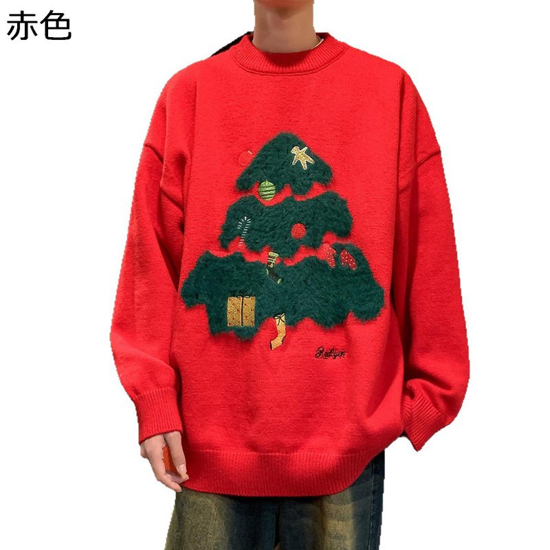 クリスマスツリー柄 セーター メンズ ストリート ニット ゆったり 長袖 丸襟 プルオーバー 防寒 保温 厚手 ベーシック 秋冬服 アウター おしゃれ 部屋着 普段着 男女兼用 大きいサイズ 原宿系