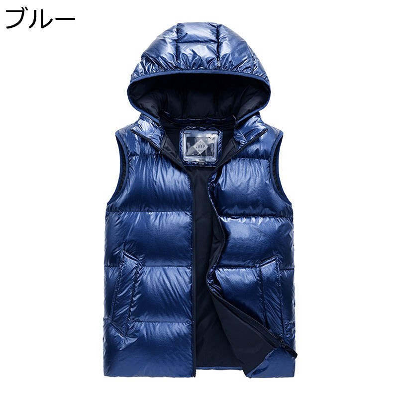 ダウンベスト メンズ 防寒ベスト フード付き ノースリッブ 前開き 防寒対策 軽量 暖かい あったか 厚手 秋冬服 無地 ジップアップ ゆったり シンプル 通勤 デイリー オフィス