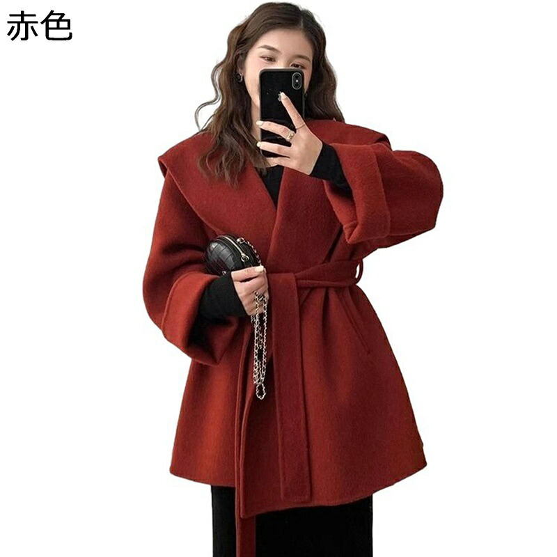 ラシャ厚地の外套 ボンネット付き添い人 ミモレ丈 真っただ中丈 胴締め レディース上衣 冬服 秋服 長袖アウター 分かりやすい 生あたたかい 韓国風 流行り物 毛玉なし ホンブルグ帽 お出かけ 街着 室外