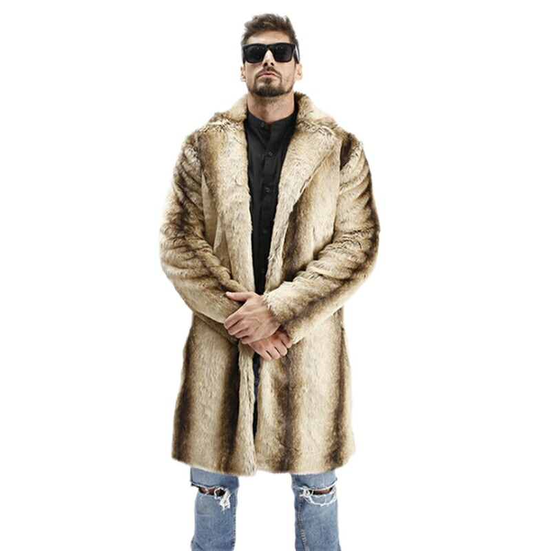 気が大きい大きさ 毛皮厚地の外套 メンズ ダブル色合い 縞柄 グラデーション 獣の皮厚地の外套 長袖 ロング丈 S-6XL 衣嚢付き添い人 ゆったり 気違いション アウター 冬服 シングル乳ぶさ 秋冬 真冬