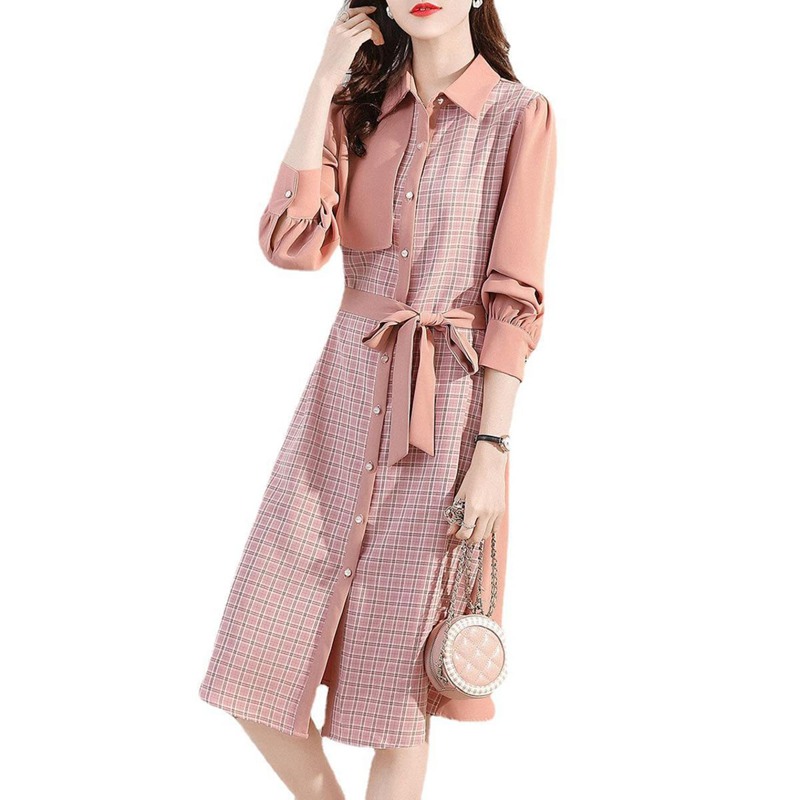 ロングワンピース 長袖 シャツワンピース 切り替え 春夏服 ウェスト紐 チェック柄 Aライン 大人可愛い 体型カバー 薄手 レディース ミディ丈 韓国風 おしゃれ 着痩せ 通勤 飲み会 カジュアル