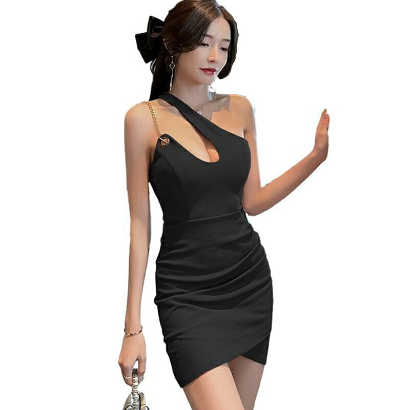 ワンピ キャバドレス ひざ丈 カシュクール ミニドレス 肩出し タイトワンピース 片肩 ボディコン セクシー フェミニン きれい 華奢 レディース 春夏 ストレッチ ハイウエスト デート 二次会 宴会