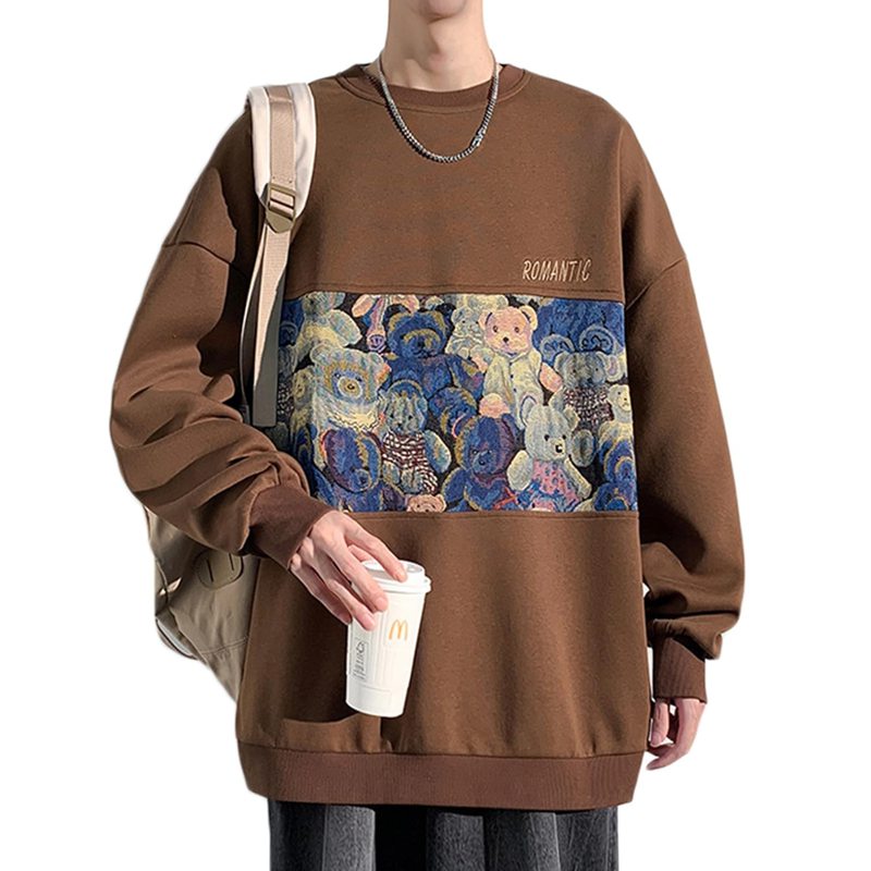 トレーナー ロング Tシャツ メンズ 春秋服 スウェット 厚手 熊柄 オーバーサイズ 長袖カットソー かっこいい お揃い パーカー 丸襟 クルーネック プルオーバー 上着 カジュアル ストリート 散歩