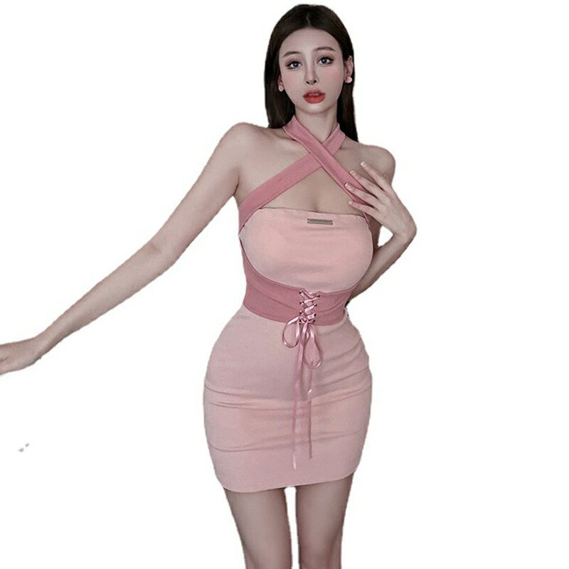 ワンピ クラブドレス 膝丈 ホルターネック カシュクール ミニドレス タイトワンピース vネック デコルテ セクシー エレガント 大人 おしゃれ レディース 春夏 ストレッチ ハイウエスト お呼ばれ