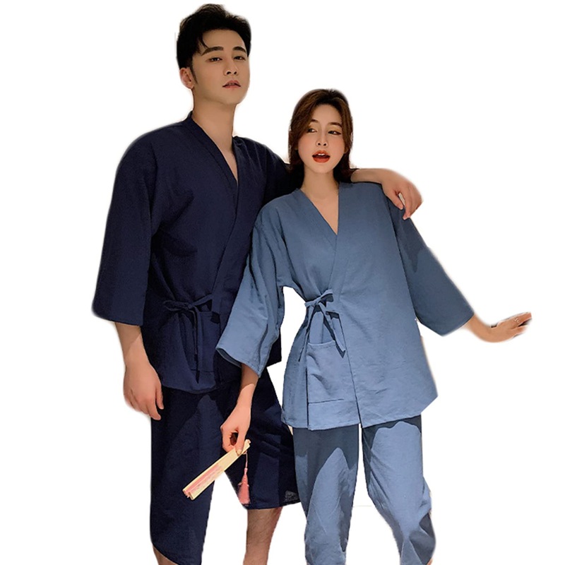ペア 和風 ルームウェア 二着セット パジャマ レディース メンズ 甚平 浴衣 上下セット 春夏秋 コットン 肌に優しい 七分袖 家着 寝間着 薄手 通気性 吸汗速乾 寝巻き トラベル 温泉 お風呂