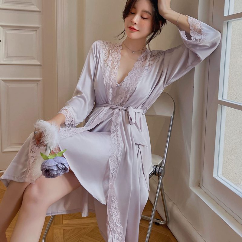 パジャマ レディース ルームウェア 春夏秋 セクシー レース キャミワンピース ガウン 2点セット シルク風 ひんやり 薄手 部屋着 寝巻き 肌に優しい 光沢感 スムース エレガント フェミニン Vネ